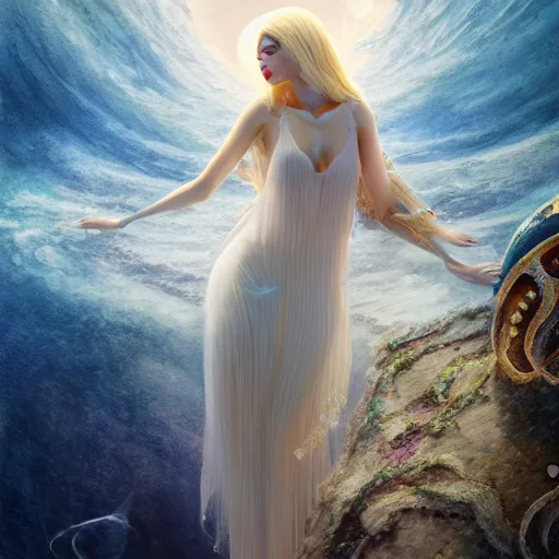 Image similar to breathtakingly detailed concept art painting full body painting, goddess floating on the sea bottom, blond hair in white sheer dress, orthodox saint ornate background, created by hsiao - ron cheng, very moody lighting, 8 k