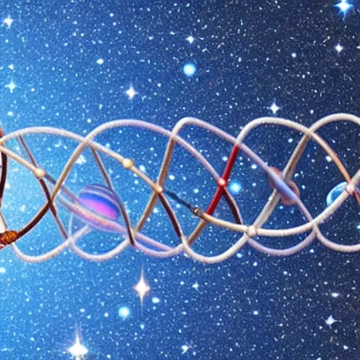 Image similar to a strand of DNA made of stars and planets