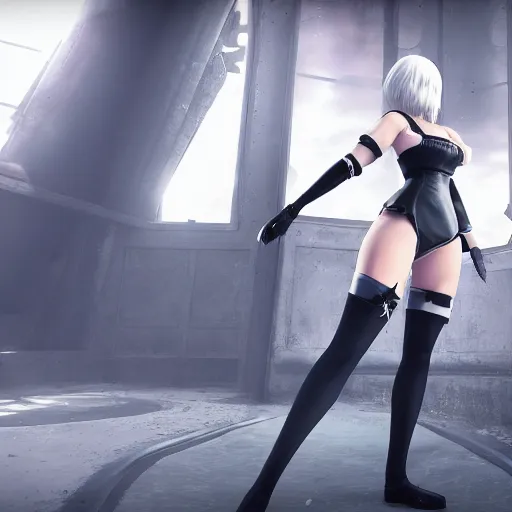 Prompt: 2B from nier automata wearing short clothes , 4k, unreal engine render, trending in artstation, artstationHD, artstationHQ