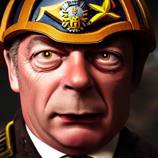 Image similar to nigel farage as a space marine in warhammer space marine, splash art, movie still, cinematic lighting, dramatic, octane render, long lens, shallow depth of field, bokeh, anamorphic lens flare, 8 k, hyper detailed, 3 5 mm film grain