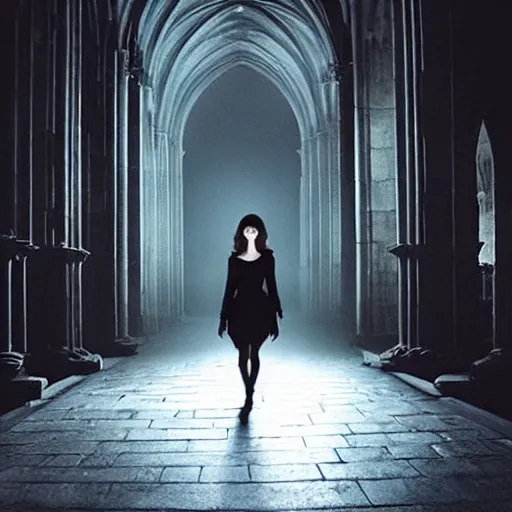 Image similar to mary elizabeth winstead as a vampire in a gothic cathedral at night, gloomy, cinematic, ground mist, volumetric light.