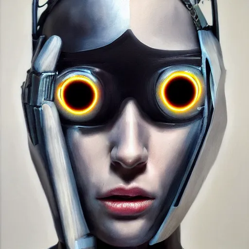 Prompt: hyperrealism oil painting portrait of cyberpunk cyborg fashion model with glowing eye