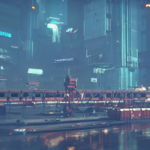 Image similar to an anti-gravity hovering (container vessel) at port in Night City Cyberpunk 2077, muted cyberpunk style, tranquil, desolate, atmospheric, hazy, sweltering, autochrome, 8k, reflections, octane render, unreal engine 5