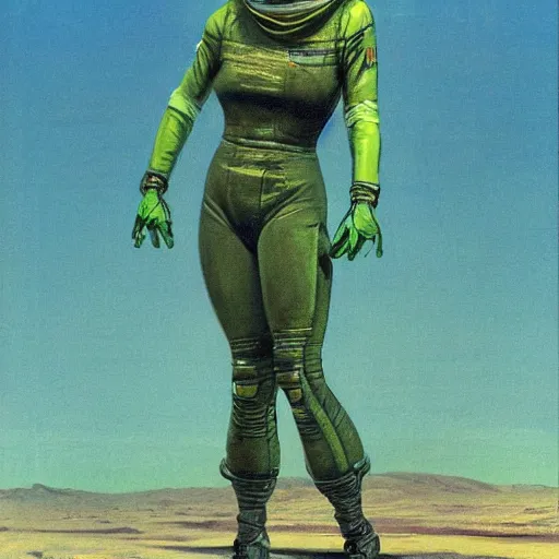 Prompt: First woman on Mars, wearing a tight green spacesuit by Robert McGinnis, anatomy by George Bridgman