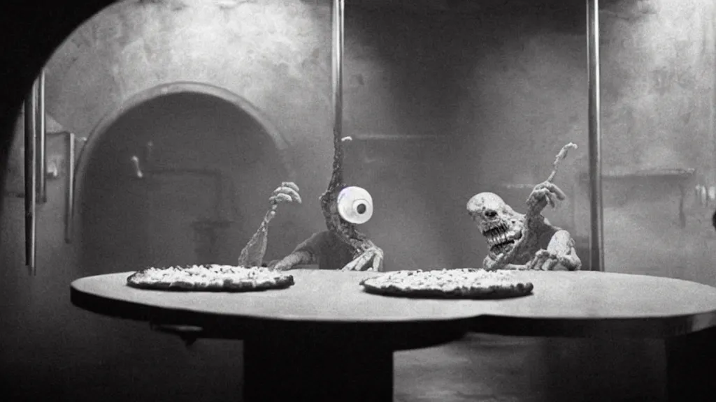 Prompt: the strange pizza creature in the restaurant kitchen, film still from the movie directed by denis villeneuve and david cronenberg with art direction by salvador dali and zdzisław beksinski,