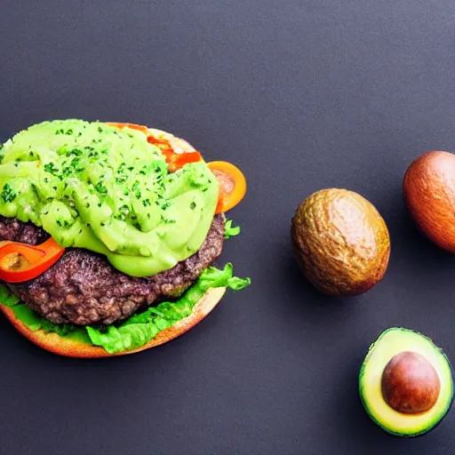 Image similar to a hamburger with too much avocado, 8 k resolution, amazing food photography