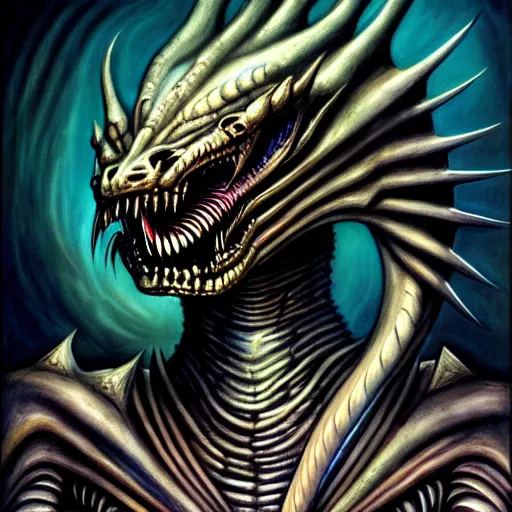 Image similar to Giger portrait of queen dragon, Dragon in dragon lair, HD, full body dragon concept, flying dragon, soft shading, soft colors, relaxed colors, hyperdetailed, wide angle lens, fantasy, futuristic horror, style of giger