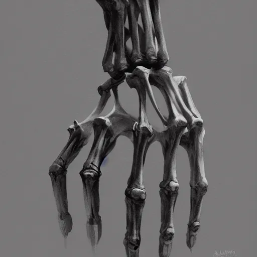 Image similar to A beautiful pale human hand holding a wretched skeleton hand, vertical symmetry, detailed hands, detailed skeleton hands, beautiful moody artwork by Greg Rutkowski and Asher Duran