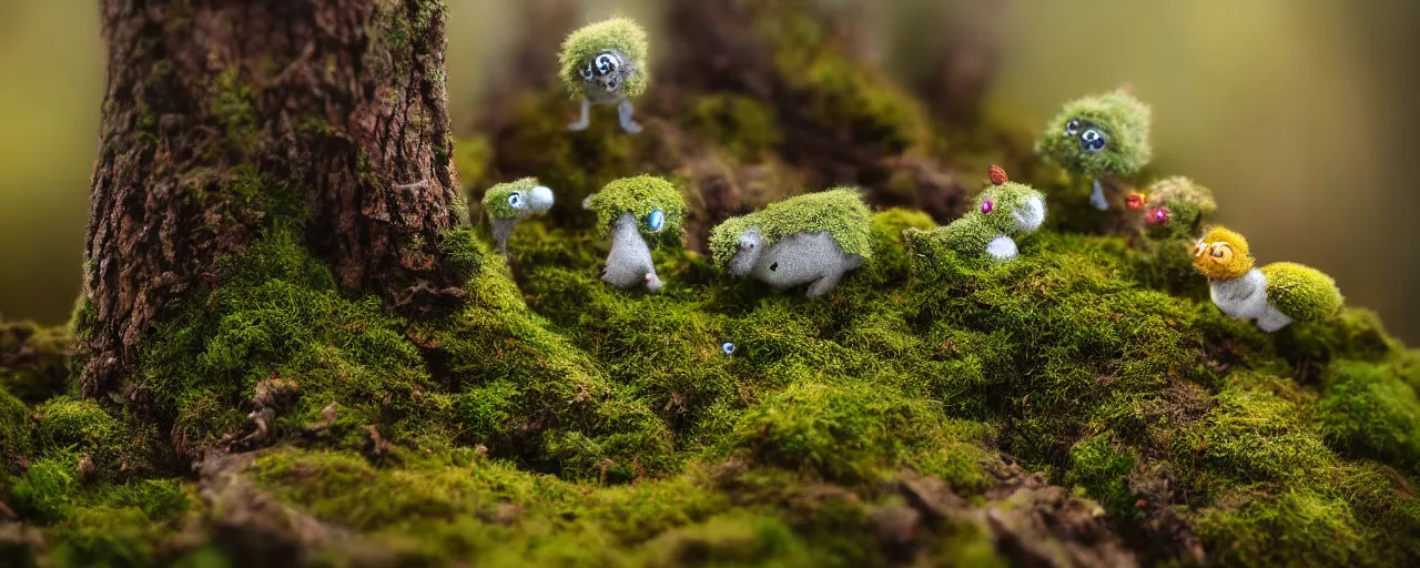 Prompt: tiny cute mossy forest creatures by bobby chiu, at sunset, macro photography, goro fujita, cute, adorable, cinematic