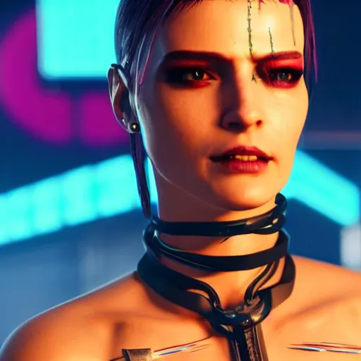 Image similar to female V from Cyberpunk 2077 wearing spiked choker, collar, choker, punk, collar, 4K, realistic, futuristic, collar, choker, spiked collar,