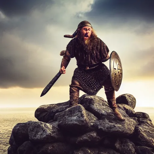 Image similar to a viking wearing a heavy metal and also make the face look good the viking is standing on a cliff the background is a huge sea interact with the lighting photo - realistic 4 k