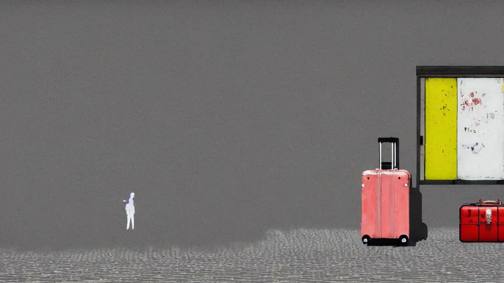 Image similar to an explorer's luggage on the train platform, rural japan, a collage painting, in the style of wes anderson, lola dupre, david hockney, isolated on negative white space background dark monochrome neon spraypaint accents volumetric octane render