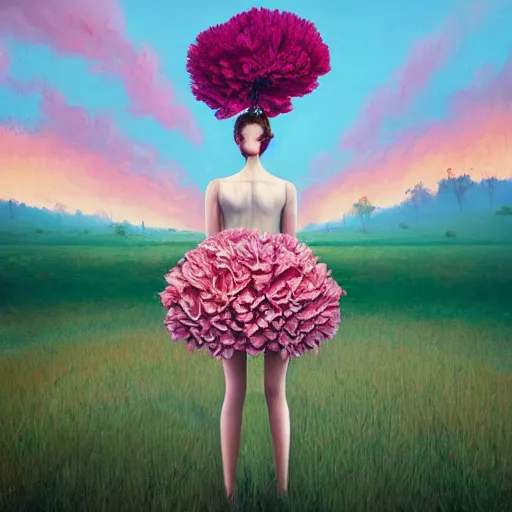 Image similar to giant carnation flower head, frontal, girl in a suit, surreal photography, sunrise, dramatic light, impressionist painting, digital painting, artstation, simon stalenhag