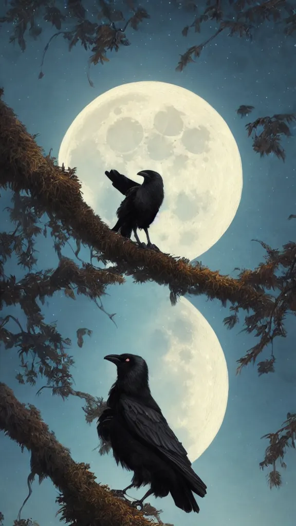 Image similar to crow on tree in front of the full big moon, highly detailed, digital painting, artstation, concept art, smooth, sharp focus, illustration, Unreal Engine 5, 8K, art by artgerm and greg rutkowski and alphonse mucha