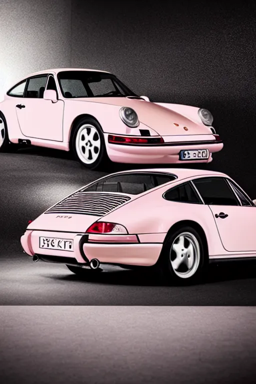 Prompt: Portrait of a light pink Porsche 911 Carrera 3.2, studio lighting, dimly lit, backlit, photoshoot for vogue magazine, highly detailed.