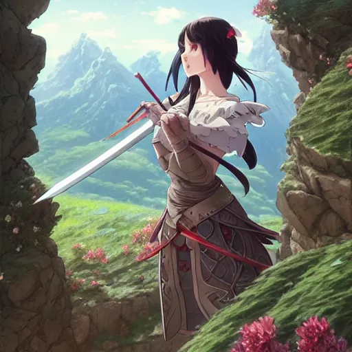 Image similar to the knight and the sword of rose petal, anime, castle core, mountains, rocky roads. by hayao miyazaki and rossdraws and artgerm and greg rutkowski and alphonse mucha and studio ghibli and ilya kuvshinov. high quality, stunning, intricate detailed environment. 8 k