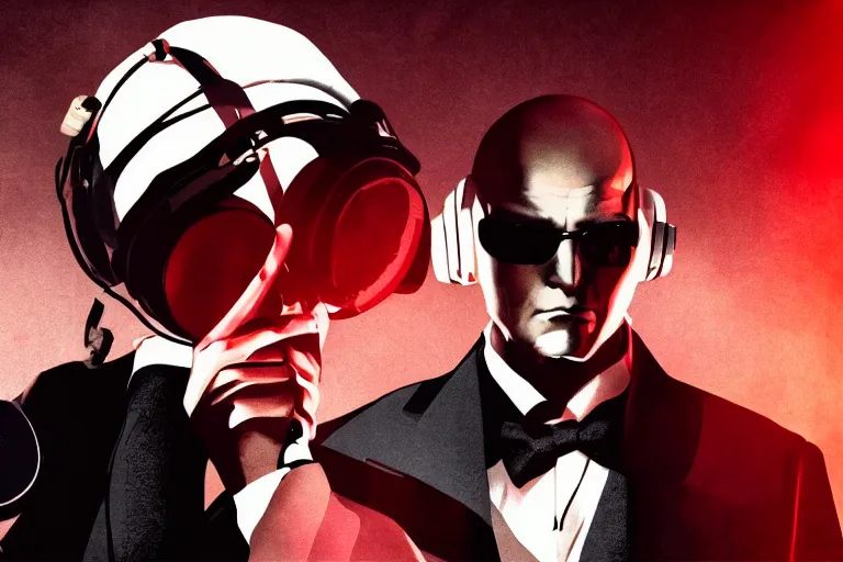 Image similar to an expressive portrait of agent 4 7 from hitman wearing headphones and putting a vinyl record onto a turntable, dark background, red rim light, digita, l