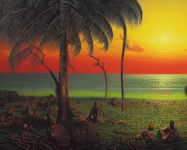 Prompt: psychedelic surreal oil painting of a sri lankan landscape at sunset, coconut trees morphing into elephants in the foreground, ocean sunset in the background, realistic oil painting by gustave dore, - h 6 4 0,