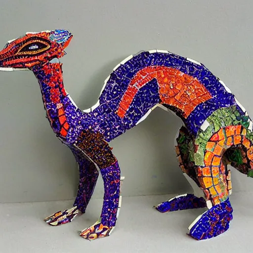 Image similar to mosaic sculpture of a alebrije chimera!!!, irregularly shaped mosaic tiles, pottery shards, in the style of folk art, in a cottagecore flower garden