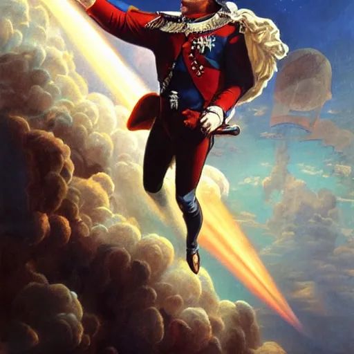 Prompt: An ultra realistic portrait painting of Napoleon Bonapart flying in space in the style of Frank Frazetta, 4k, Ultra realistic, Highly detailed, Dark fantasy, Epic lighting