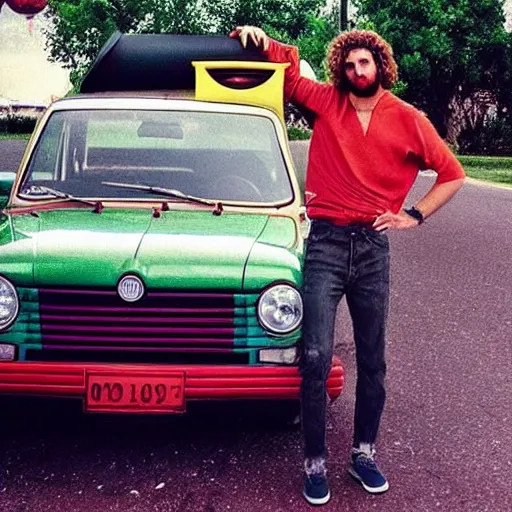 Image similar to aesthetic photo of a guy with curly hair and colored clothes holding a big black speaker in front of a raw of parked Fiat Uno 70s style hippie. Interlaced picture. Instagram post. Vintage.