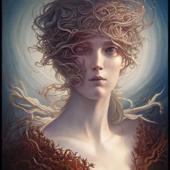 Image similar to a highly detailed beautiful portrait in the style of jean delville and in the style of peter mohrbacher.