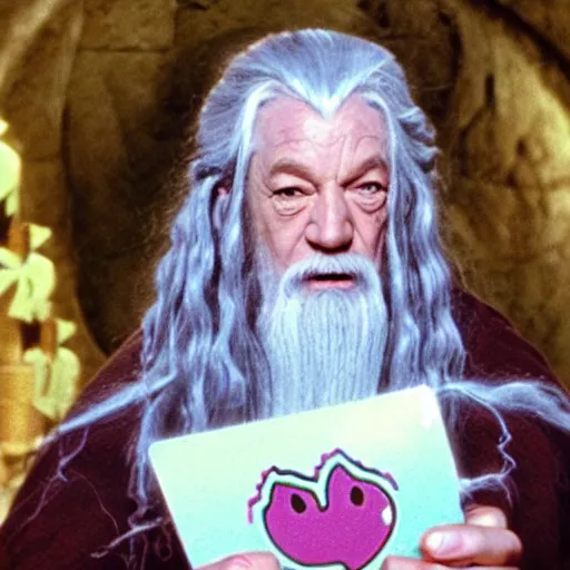 Image similar to portraid of gandalf wearing a Hello Kitty costume, smiling, holding a blank playing card up to the camera, movie still from the lord of the rings
