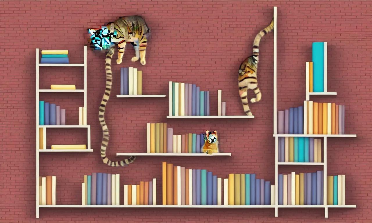 Image similar to bookshelf with a cat, brick streets, nordic pastel colors, 3 d art, digital illustration, perfect lighting