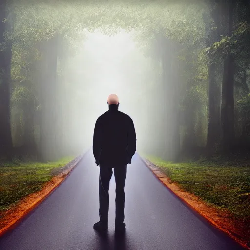 Image similar to super ultra realistic image man standing on an nostalgic street the background is a huge forest the road is between a forest it is raining and also fog