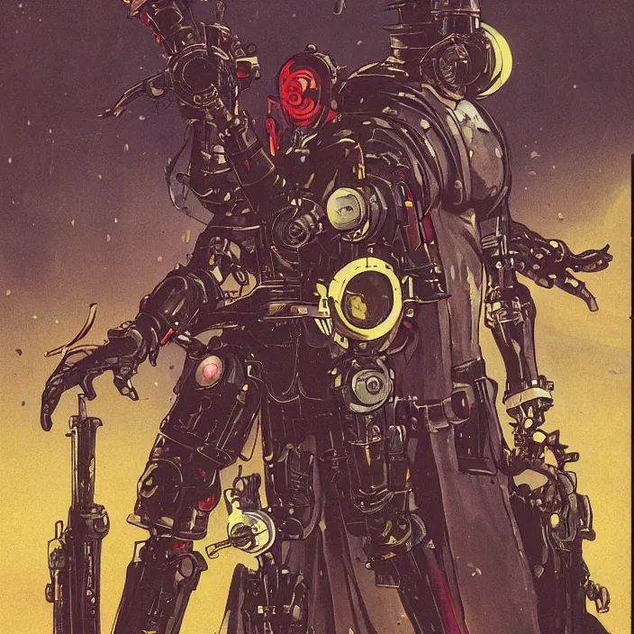 Prompt: a retrofuturism robot hunter from bloodborne in yharnam, style by retrofuturism, faded red and yelow, by malcolm smith, old comics in city, nicholas roerich, katinka reinke