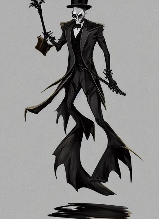 Image similar to DND character art, skeletal male figure, wearing a deep black suit!!! and tie and top hat, holding a gold! cane!, blue flames!!