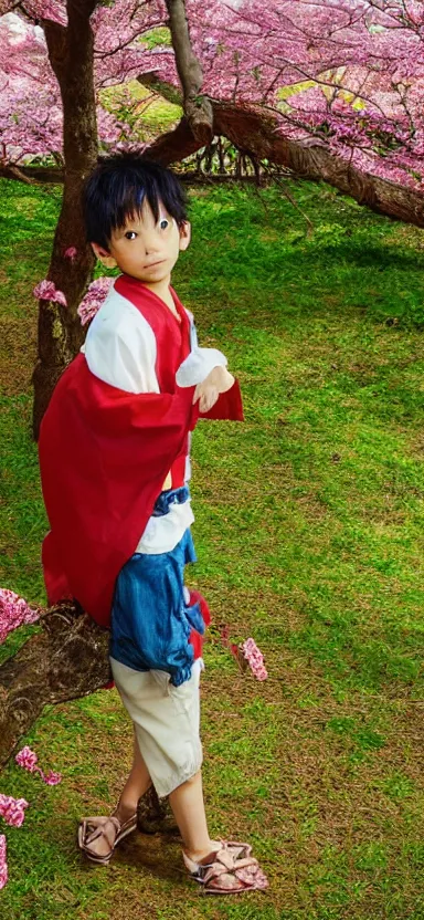 Prompt: “ a portrait of luffy as little kid at a sakura tree, side shot, by shunji dodo, 8 k resolution, photo, high quality ”