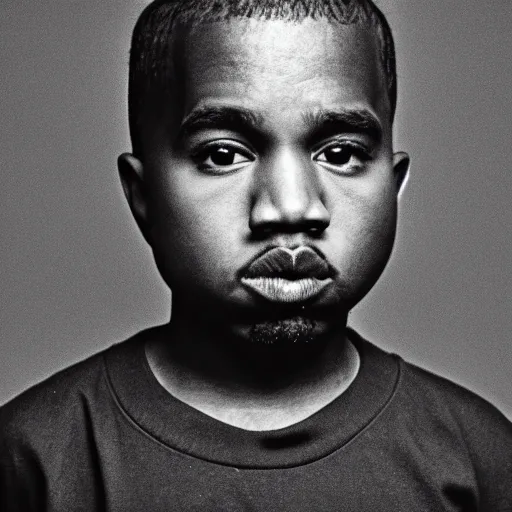 Prompt: the face of young kanye west wearing yeezy clothing at 1 2. 5 years old, black and white portrait by julia cameron, chiaroscuro lighting, shallow depth of field, 8 0 mm, f 1. 8