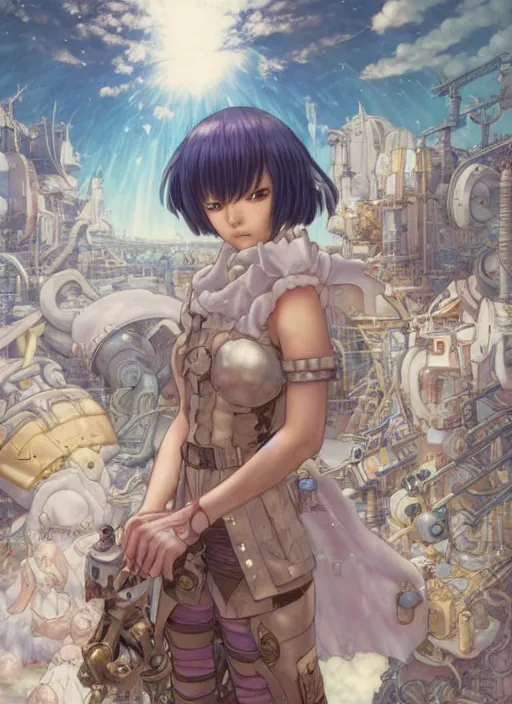 Image similar to prompt : ragnarok online portrait soft light painted by james jean and katsuhiro otomo and erik jones, inspired by akira anime, epic fantasy, a young tinker girl working on a device in her workshop, workshop in the background, intricate oil painting, high detail illustration, sharp high detail, manga and anime 1 9 9 9