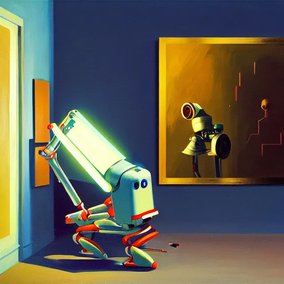 Image similar to beautiful illustration of a robot painting an artwork on a canvas with a paintbrush by Edward Hopper, colorful octane render