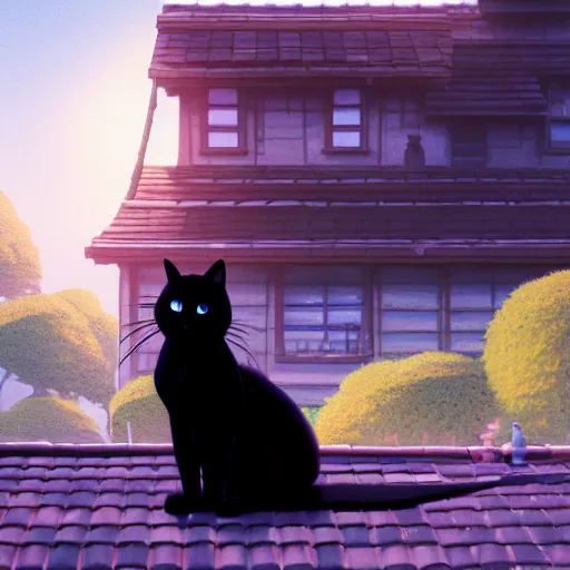 Prompt: a wholesome animation key shot of a black cat seated on top of a roof with tiles, medium shot, studio ghibli, pixar and disney animation, sharp, rendered in unreal engine 5, anime key art by greg rutkowski, bloom, dramatic lighting, golden hour