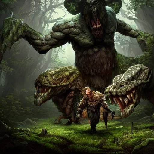 Image similar to two heads giant ettin from dnd in a dark forest, two heads, double heads, digital art, high quality render, artstation, 8 k, photograph quality, ultrahd