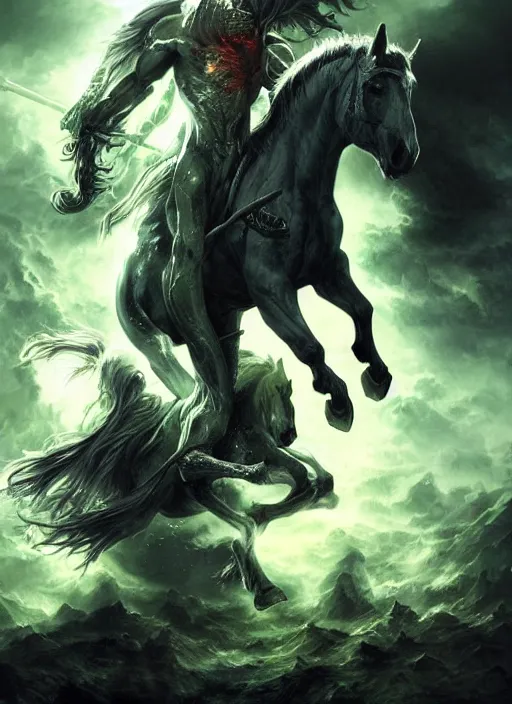 Image similar to the singular horseman of the apocalypse is riding a strong fierce ferocious rabid undead green stallion, horse is up on its hind legs, the strong male rider is death with a scithe, beautiful artwork by artgerm and rutkowski, breathtaking, beautifully lit, dramatic