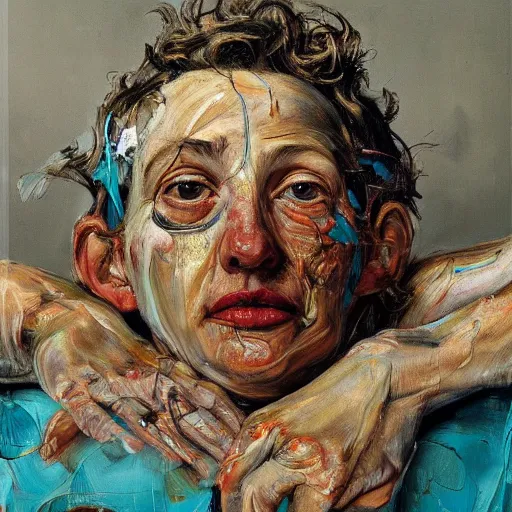 Image similar to high quality high detail painting by lucian freud and jenny saville, hd, madly in love, turquoise