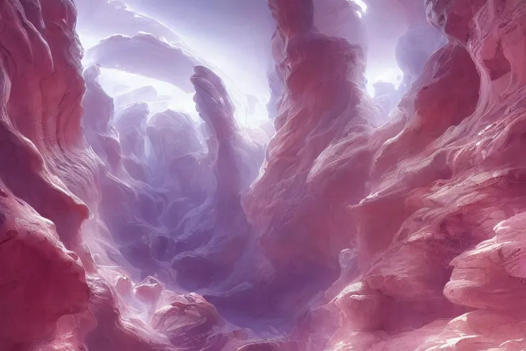 Image similar to Celestial majestic luxurios futuristic other worldly realm with Singaporean royal gold lush volcano, set on Antelope Canyon with white thermal waters flowing down pink travertine terraces, relaxing, ethereal and dreamy, during the thunderstorms and multiversal tornado with chaotic disaster, visually stunning, from Star Trek 2021, illustration, by WLOP and Ruan Jia and Mandy Jurgens and William-Adolphe Bouguereau, Artgerm