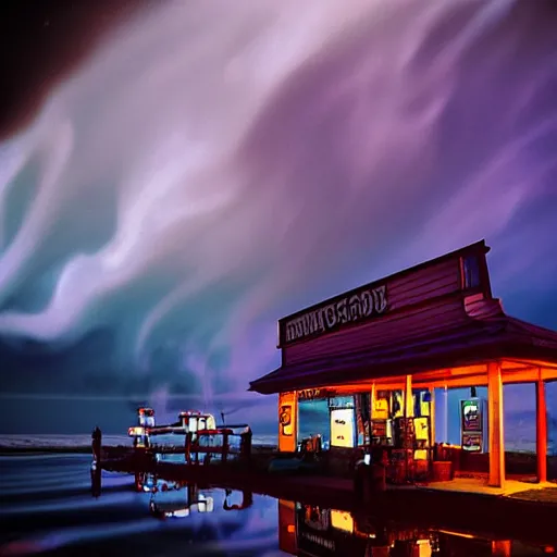 Image similar to dreamlike film photography of a 1920s wooden gas station at night underwater in front of colourful underwater clouds by Kim Keever. In the foreground floats a seasnake. low shutter speed, 35mm