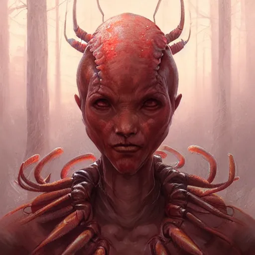 Image similar to professional ominous concept art portrait of a lobster - human chimera character by artgerm and greg rutkowski. an intricate, elegant, highly detailed digital painting, concept art, smooth, sharp focus, illustration, in the style of simon stalenhag, wayne barlowe, and igor kieryluk.