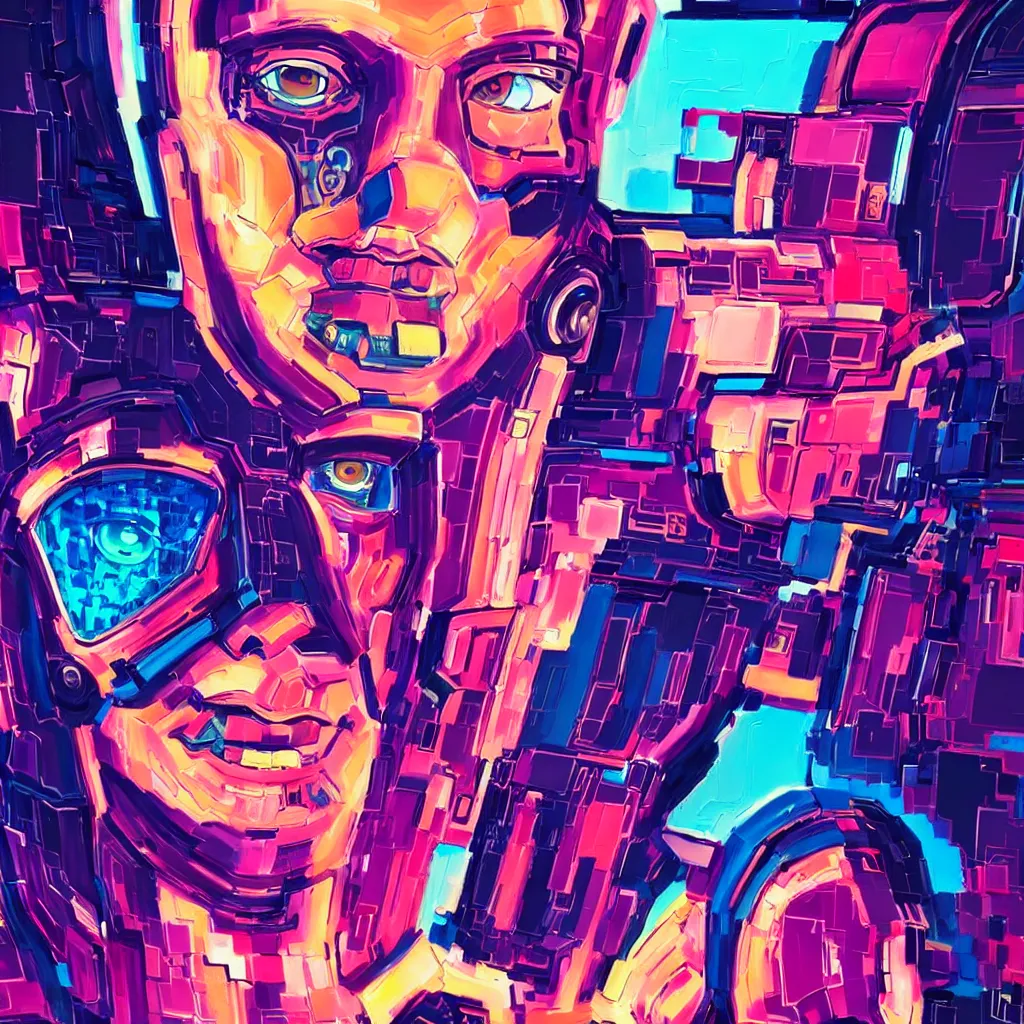 Image similar to a graph - style gouache impasto huge robot head in front of her, cyberpunk art by by james gilleard, cgsociety, retrofuturism, synthwave, retrowave, outrun