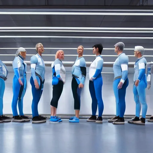 Image similar to group of identical athletic humans with light blue neoprene suits and white hair standing in a line on a conveyor belt, background of advanced futuristic laboratory, sci - fi, highly detailed, hyperrealistic