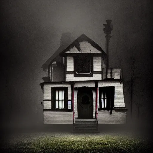 Image similar to a creepy house in the middle of a foggy night, poster art by john carpenter, shutterstock contest winner, gothic art, movie poster, horror film, gothic