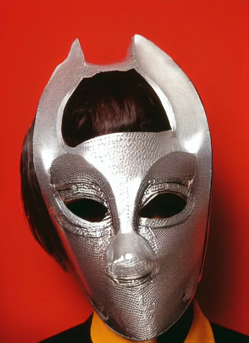 Prompt: a fashion portrait photograph of a man wearing a metal mask designed by thierry mugler, 3 5 mm, color film camera,