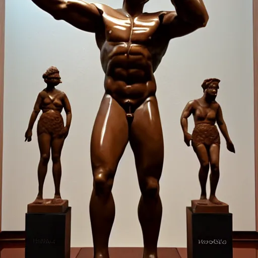 Image similar to statue of Hercules made of chocolate, in a museum, photo, 4k, intricate, detailed, smooth, crisp focus, full body, wide angle