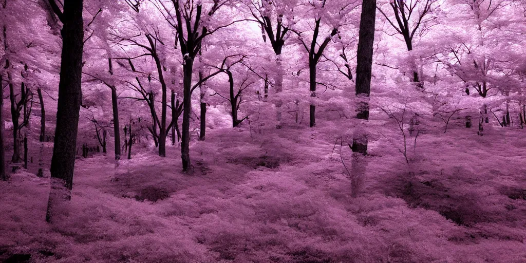 Image similar to pink infrared photography of a forest, ir 5 5 0 nm, kolari