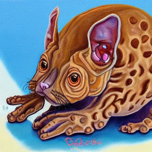 Image similar to painting of a devon rex, cornish rex tardigrade cat glowing in the moonlight looking curious