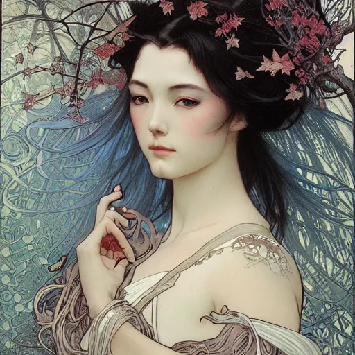 Prompt: realistic detailed face portrait of a beautiful Ghostly Ethereal Haunting Geisha with bare winter branches rising out of her hair by Alphonse Mucha, Ayami Kojima, Amano, Charlie Bowater, Karol Bak, Greg Hildebrandt, Jean Delville, and Mark Brooks, Art Nouveau, Neo-Gothic, gothic, rich deep moody colors